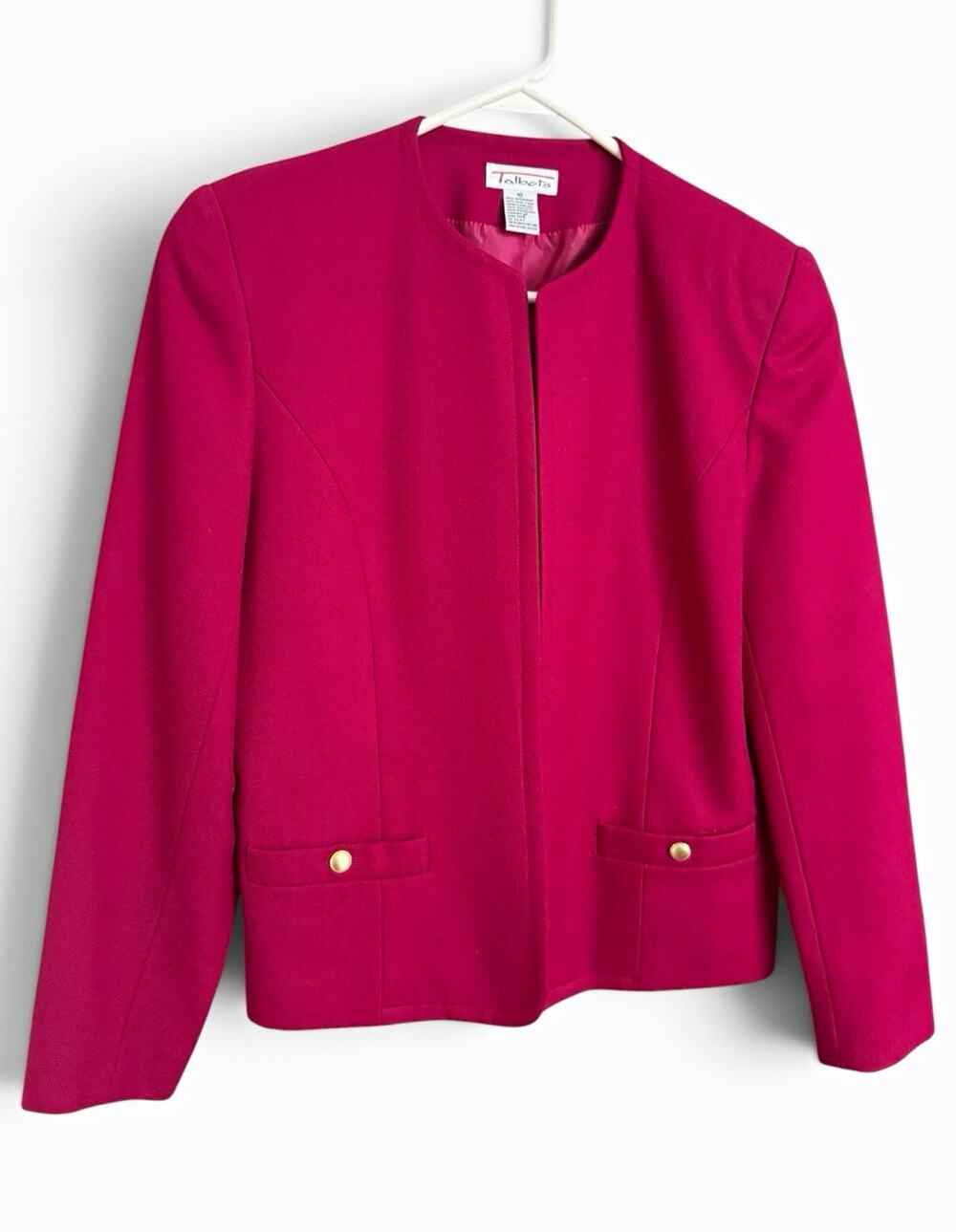 Vintage Talbots Magenta Pink Wool Collarless Blazer Jacket Size 10 Gold Button M